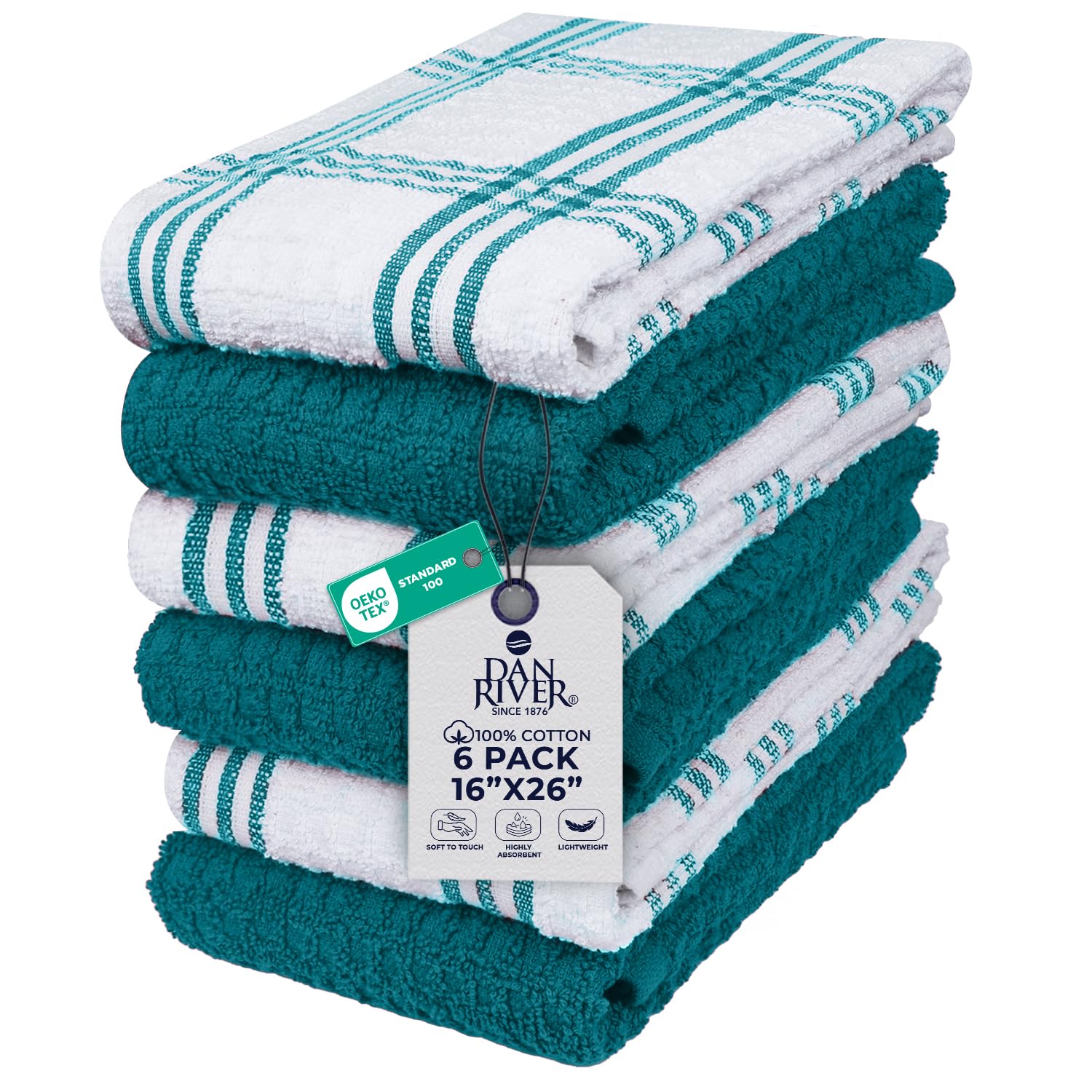 DAN RIVER Teal Kitchen Towels, 6 Pack, 16x26 Inches Absorbent Dish Towels