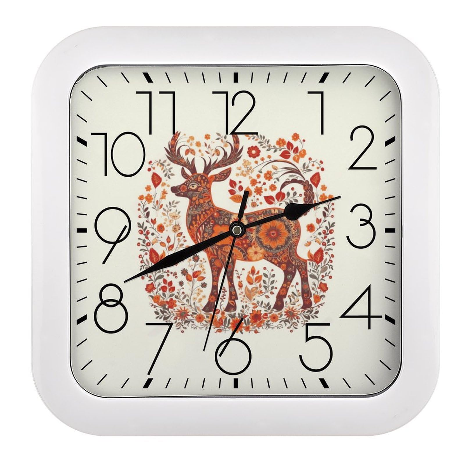 NTVOWPZO 10 Inch Wall Clock Red and Orange Deer Battery Operated Wall Clocks Silent Non-Ticking Square Wall Clock for Living Room Kitchen Home Office Wall Decorative Clocks
