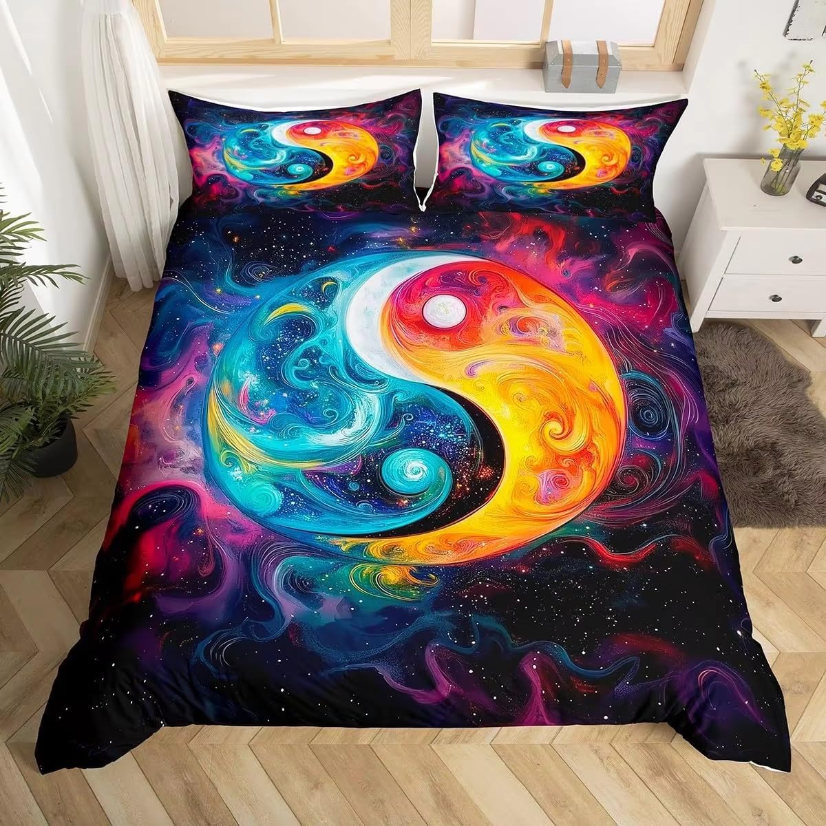 Housse de couette 220x240 Yin Yang avec 2 taies d'oreiller pour lit 2 personnes