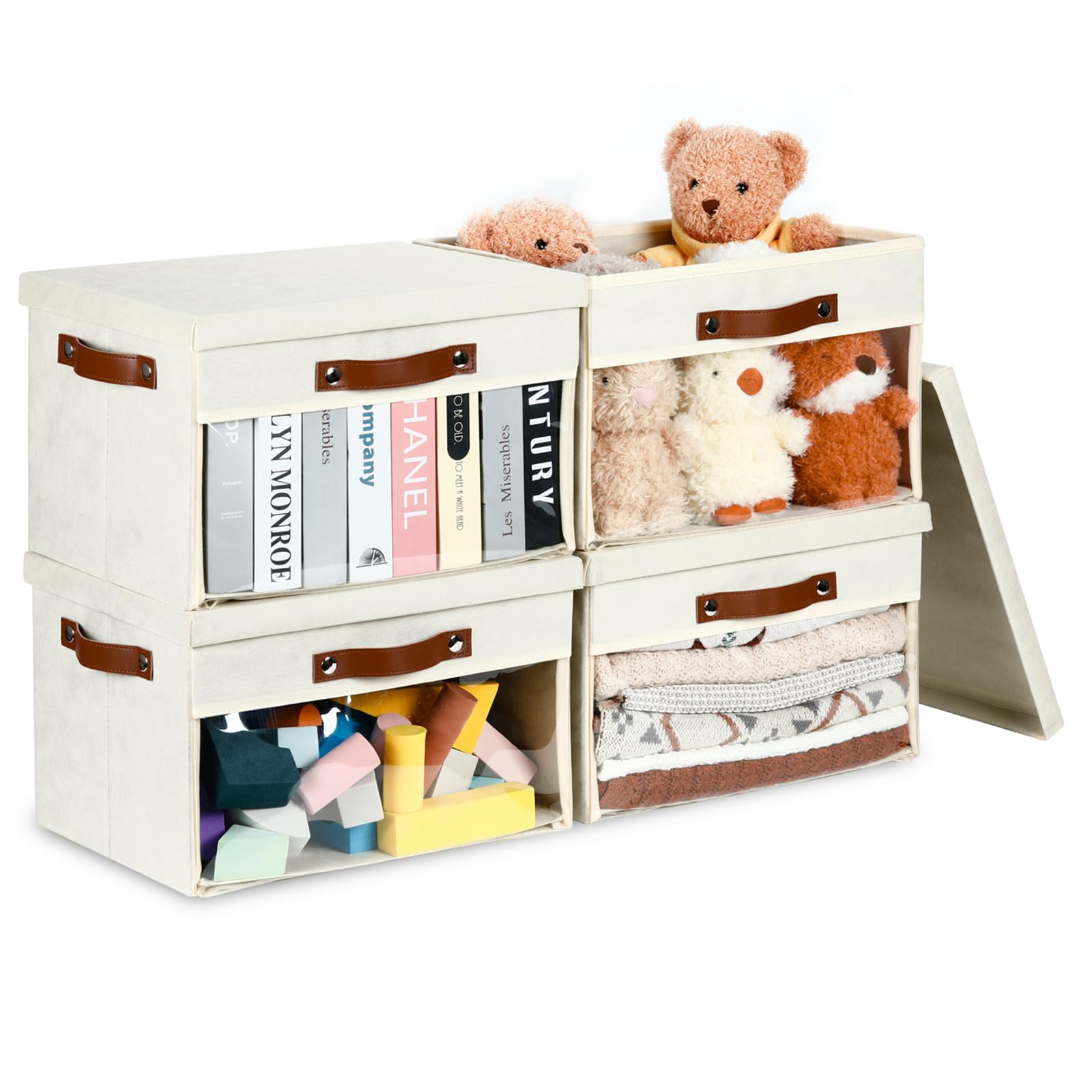 BidtakayCollapsible Storage Bins with Lid Storage Cubes with Clear Window 15 x 11 inch Fabric Closet Organizer with Handles Storage Baskets for Shelves Organization Clothes 4-Pack Ivory