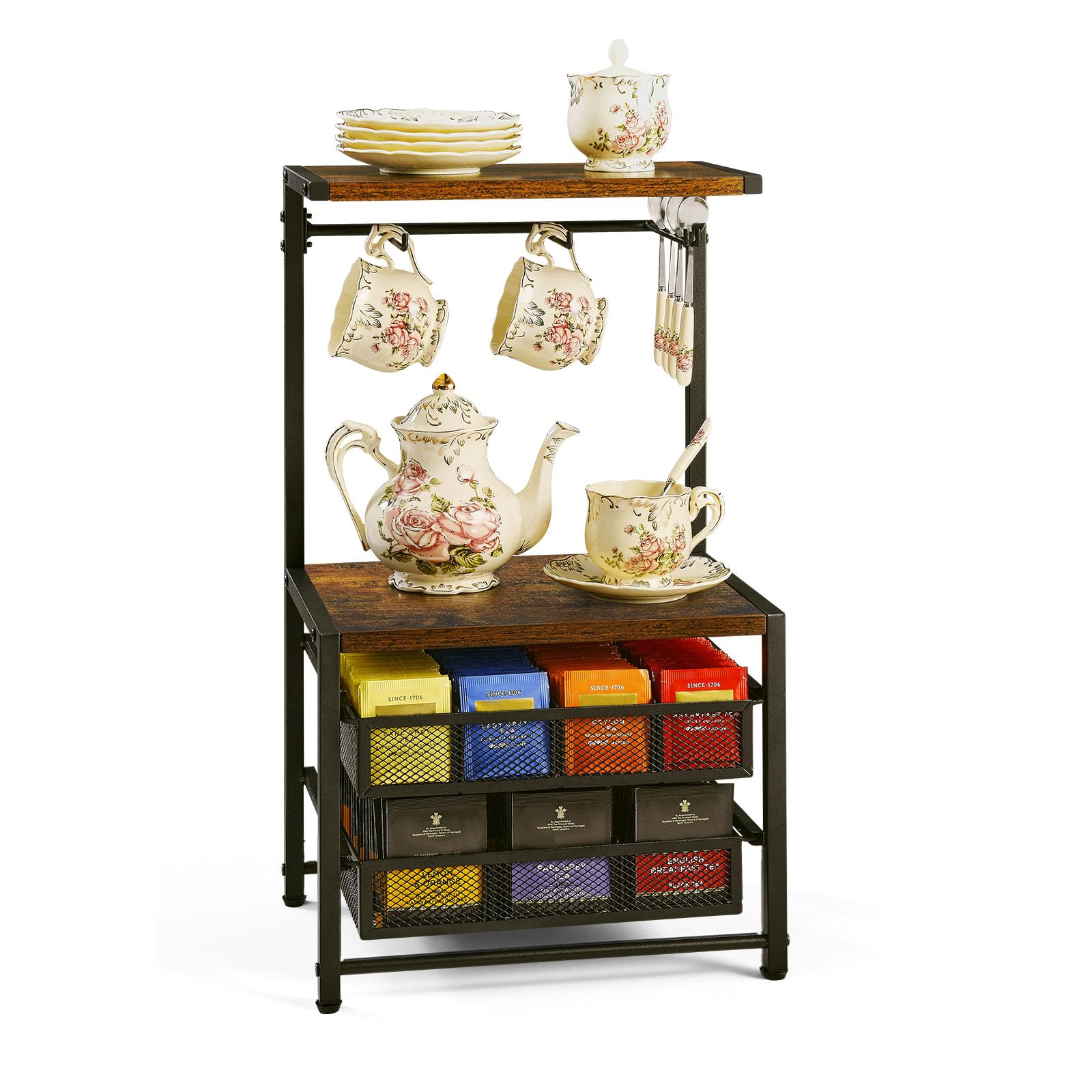 Pinzoveco Tea Bag Organizer, Large Tea Organizers and Storage Box,2 Drawers Tea Bags Holder Wood Tea Box Containers Tea Station Chest Display for Kitchen Organizers and Storage, Black