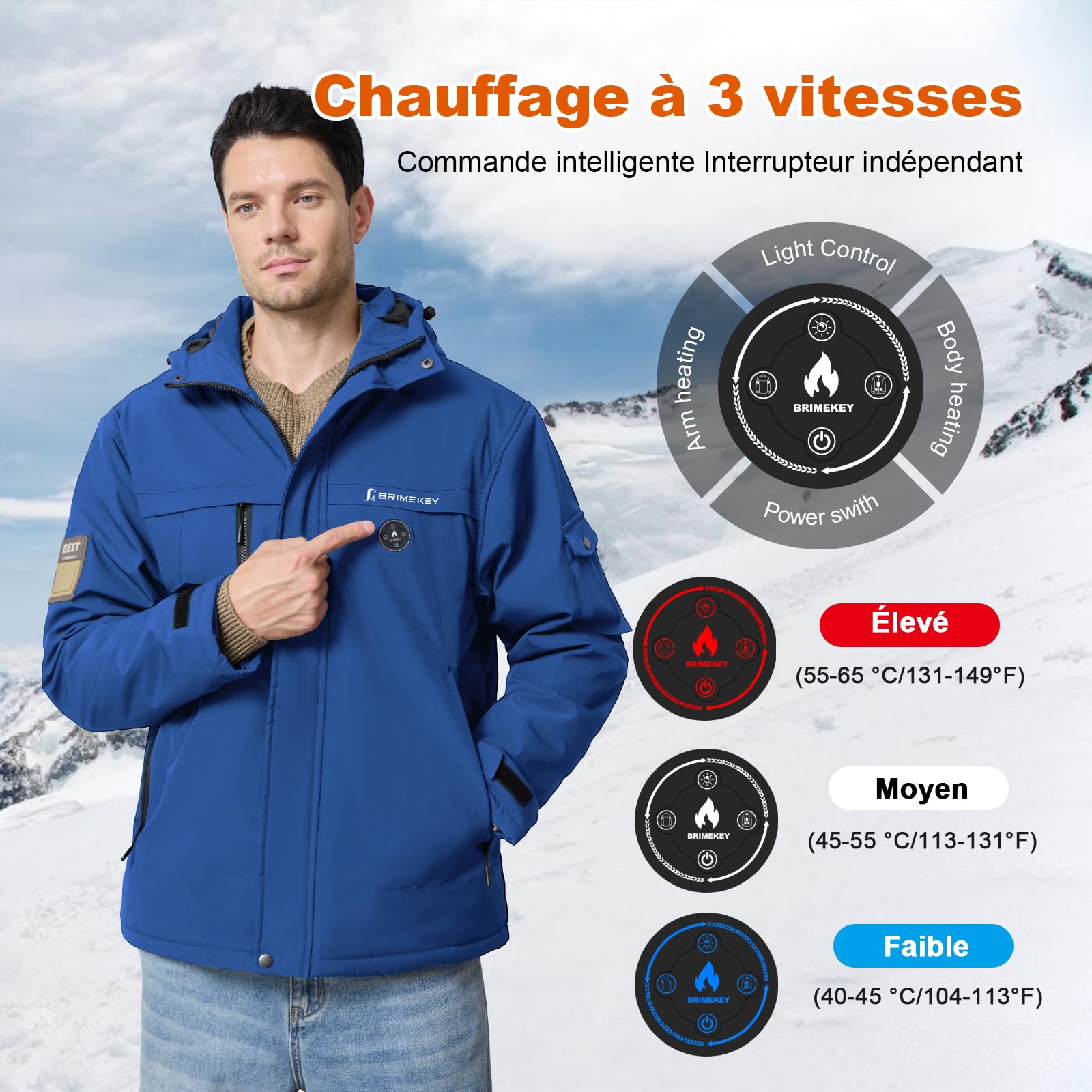 Veste Chauffante Homme Batterie HD 20000mAh 7.4V 6 Zones de Chauffe 3 Températures Imperméable Coupe-vent Hiver Camping Ski