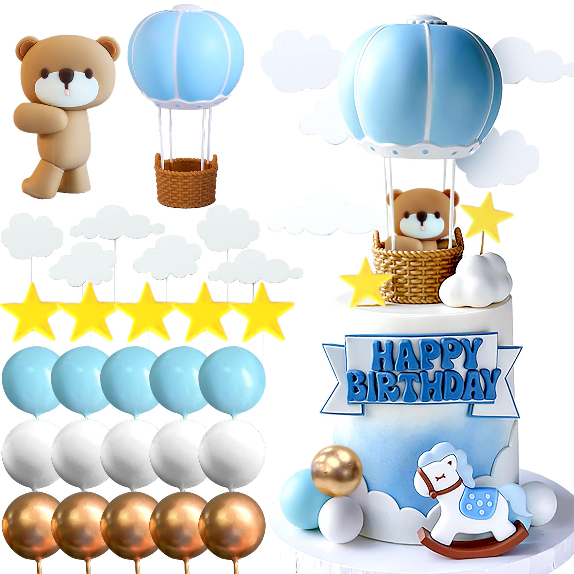 Tortendeko-Set 'Roaring Good Time' Mit Teddybär & Zug - Für Taufe, 1. Geburtstag, Babyshower (blau/grün/gold)