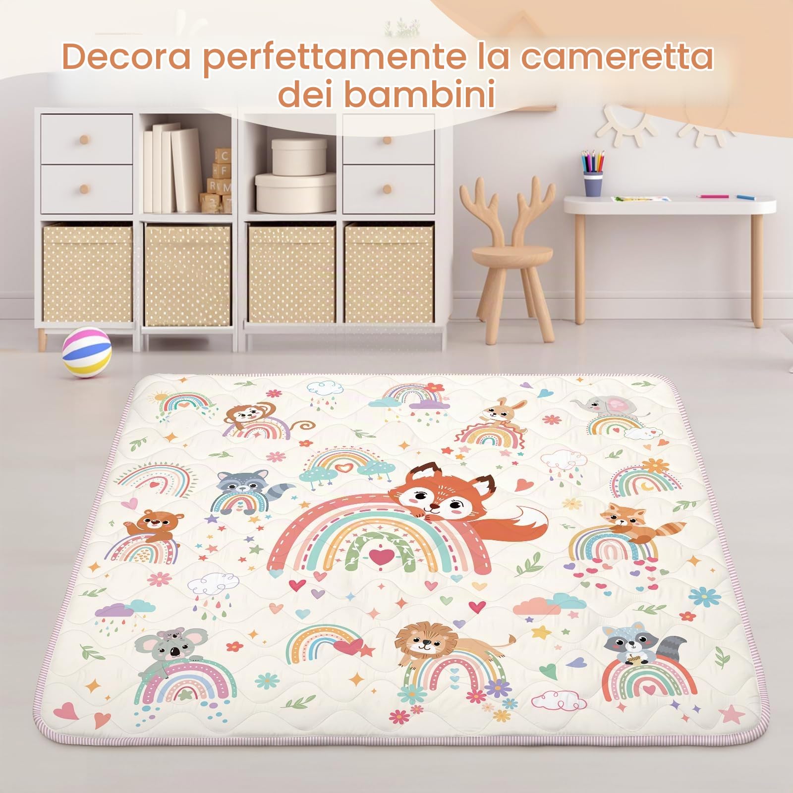 decalsweet Tappeto Gioco Bambini 127×127cm, Addensato 2cm Gioco Neonato, Antiscivolo Cameretta Bambina & Bambino, Pieghevole Tappeto Tummy Time Neonati (Animali Arcobaleno)
