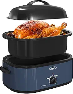 Sunvivi 22lb 18-Quart Roaster Oven, Electric Roaster Oven with Self-Basting Lid, Turkey Roaster with Unique Defrost/Warm Function, Large Roaster with Removable Pan & Rack, Stainless Steel, Blue