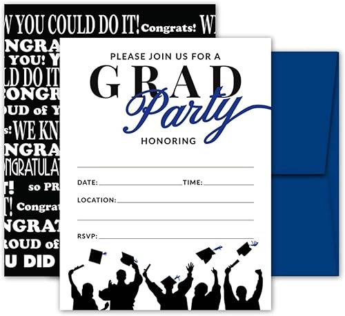 25 invitaciones de fiesta de graduación azules y negras con sobres para universidad, escuela secundaria, celebración o anuncio de graduación