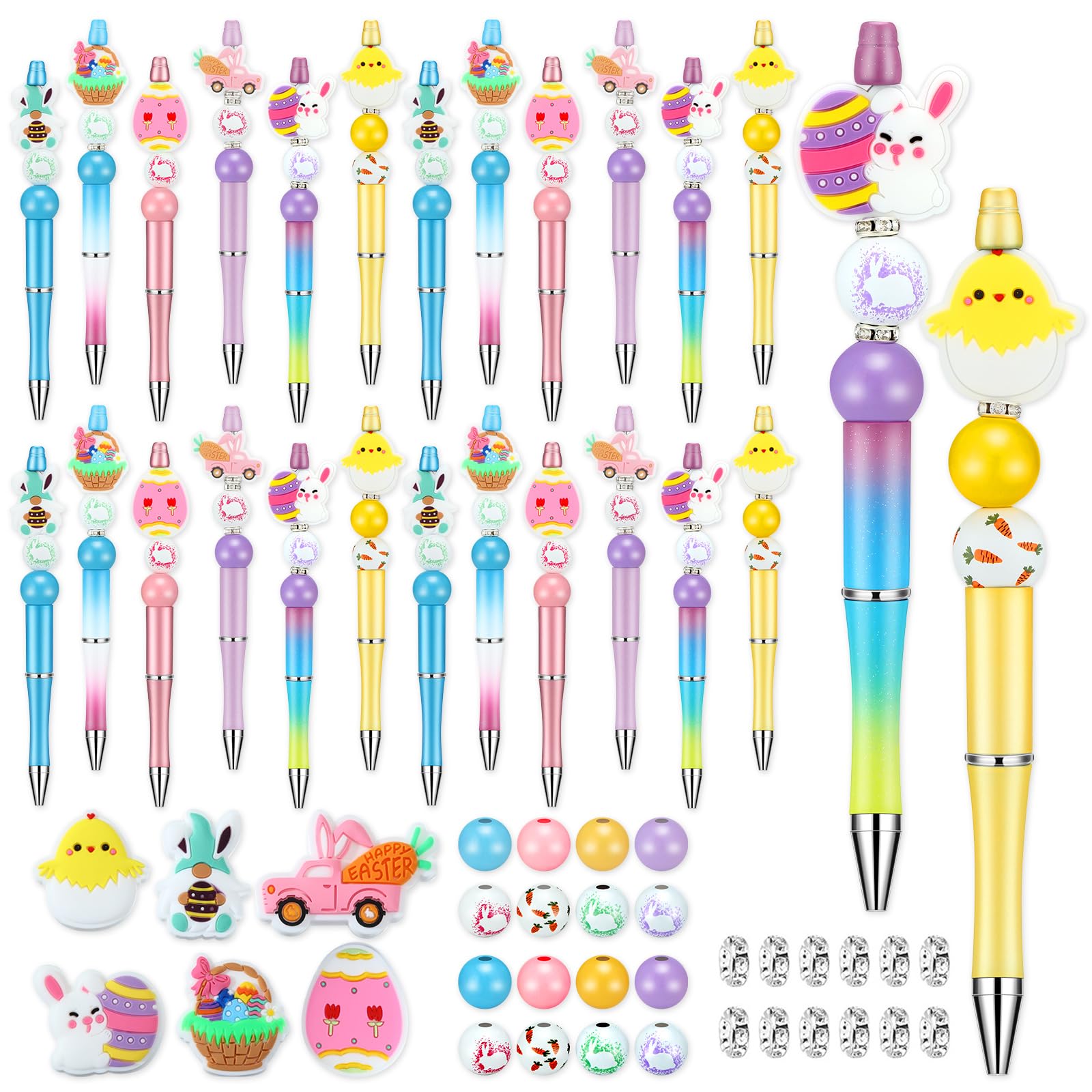 Ctosree 36 Sets Easter Focal Beads for Pens Bunny Beads Kit Egg Rabbit Gnome Easter Beadable Pens Bulk DIY Bead for DIY Making Gift