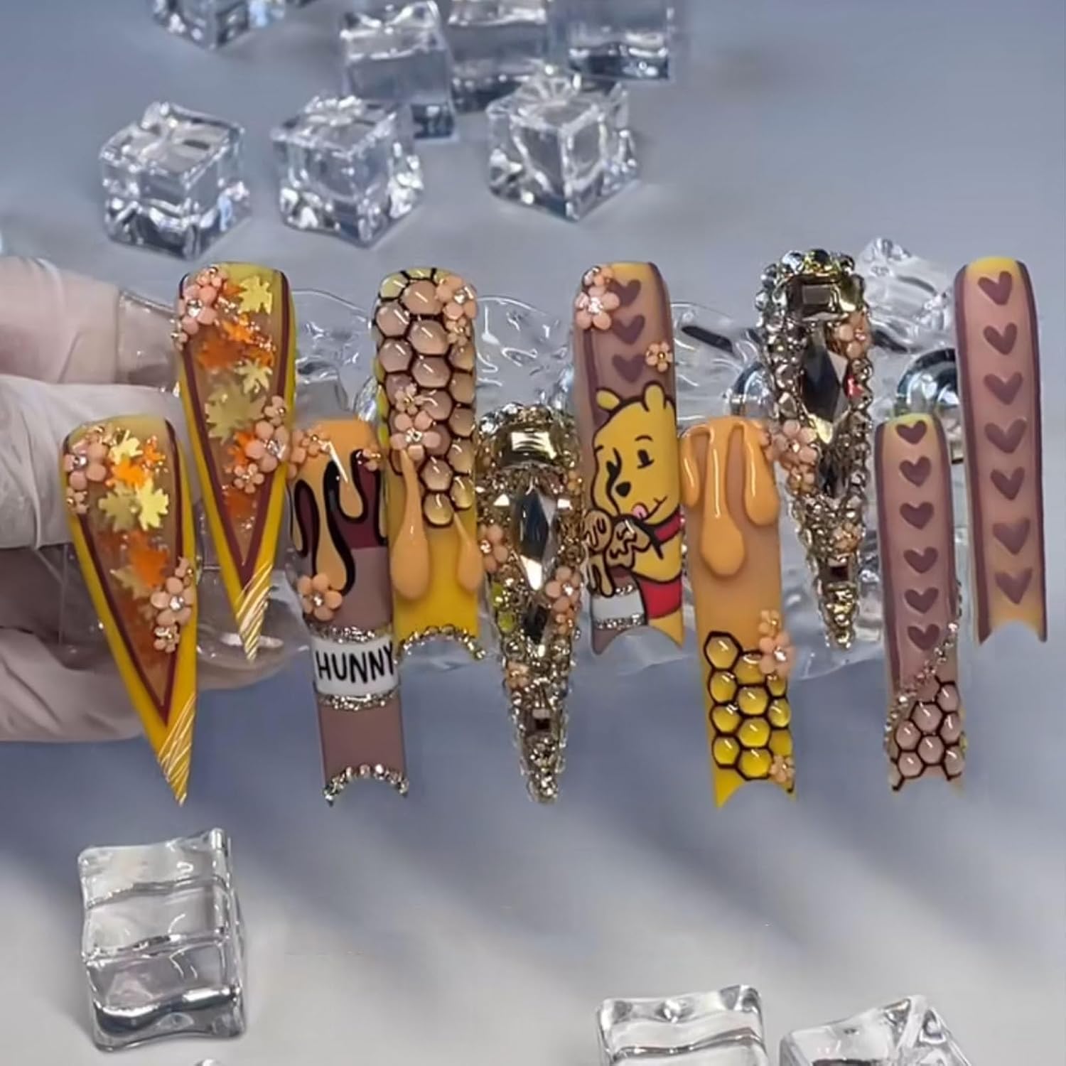 Real Gel Handmade Anime Pattern With Diamonds Press On Nails Square Coffin Fake Nails With Designs Glossy False Nails for Women and Girls (Yellow-S)