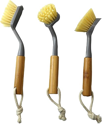 Paquete de 3 cepillos de limpieza con mango de bambú, cepillo para platos y botellas, para cocina, baño, hogar