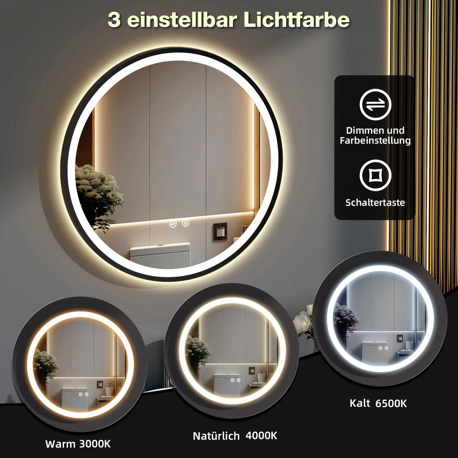 Runder Spiegel mit Beleuchtung, 50 cm, Badspiegel mit Beleuchtung, mit Touch-Schalter und Sicherheitsglas, 3 Lichtfarben Einstellbar, 3000 K / 4000 K / 6500 K