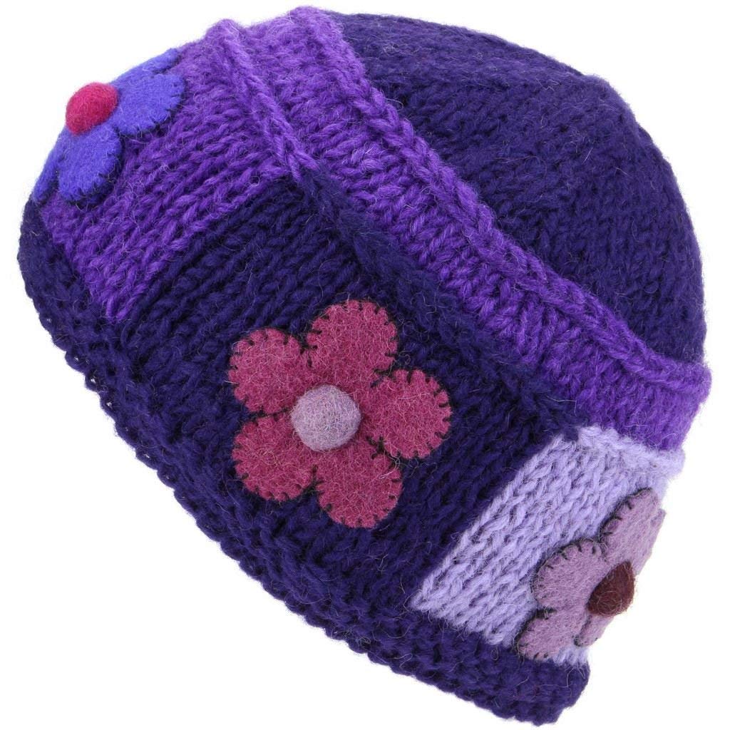 Loudelephant Women's Purple Wool Knit Beanie Hat With Flower Patch Design