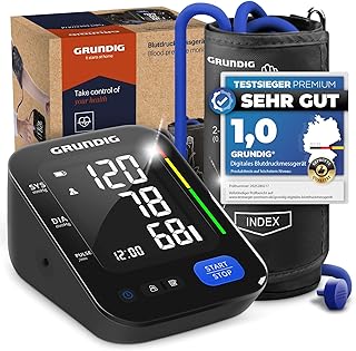GRUNDIG Blutdruckmessgerät Oberarm - hochpräzise - einfachste Bedienung - perfekt ablesbar - Herzrhythmusstörungen Erkennung - Risikobewertung - Manschettensitzkontrolle (Schwarz)