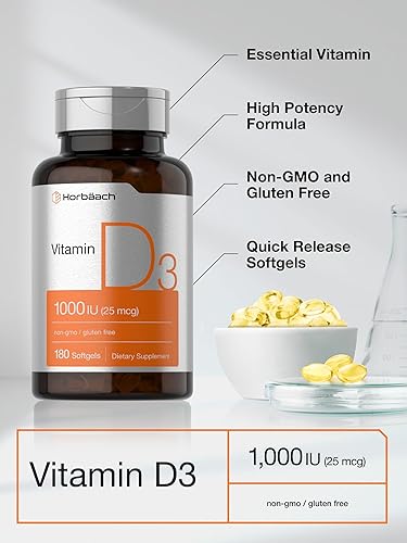 Miniatura 4 de Horbäach Vitamina D3 1000IU (25mcg) cápsulas blandas  180 unidades  Fórmula de alta potencia  Suplemento sin OMG y sin gluten