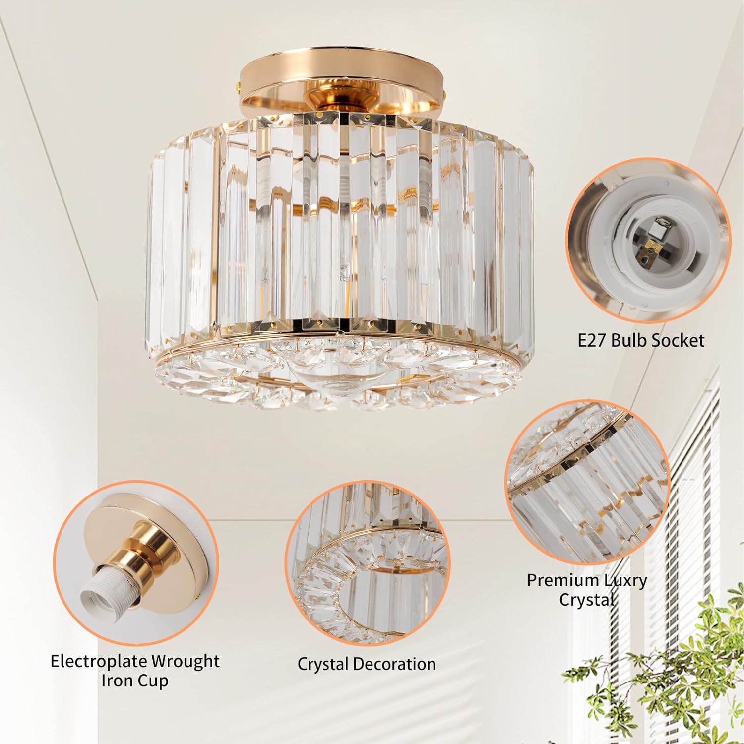 Gold Ceiling Lamp, Semi Flush Mount, Small Crystal, Entryway Chandelier for Dining Room, Bedroom, Kitchen