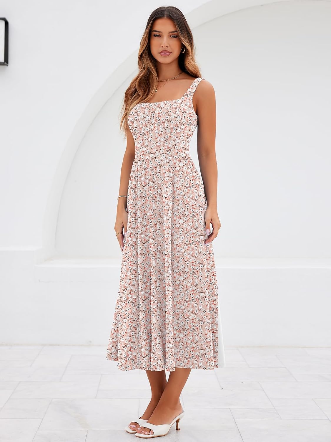 YATHON Women's Summer Floral Midi Dress Casual Square Neck Flowy Wedding Guest Dresses Beach Vacation Sundress with Pocket - Image 5