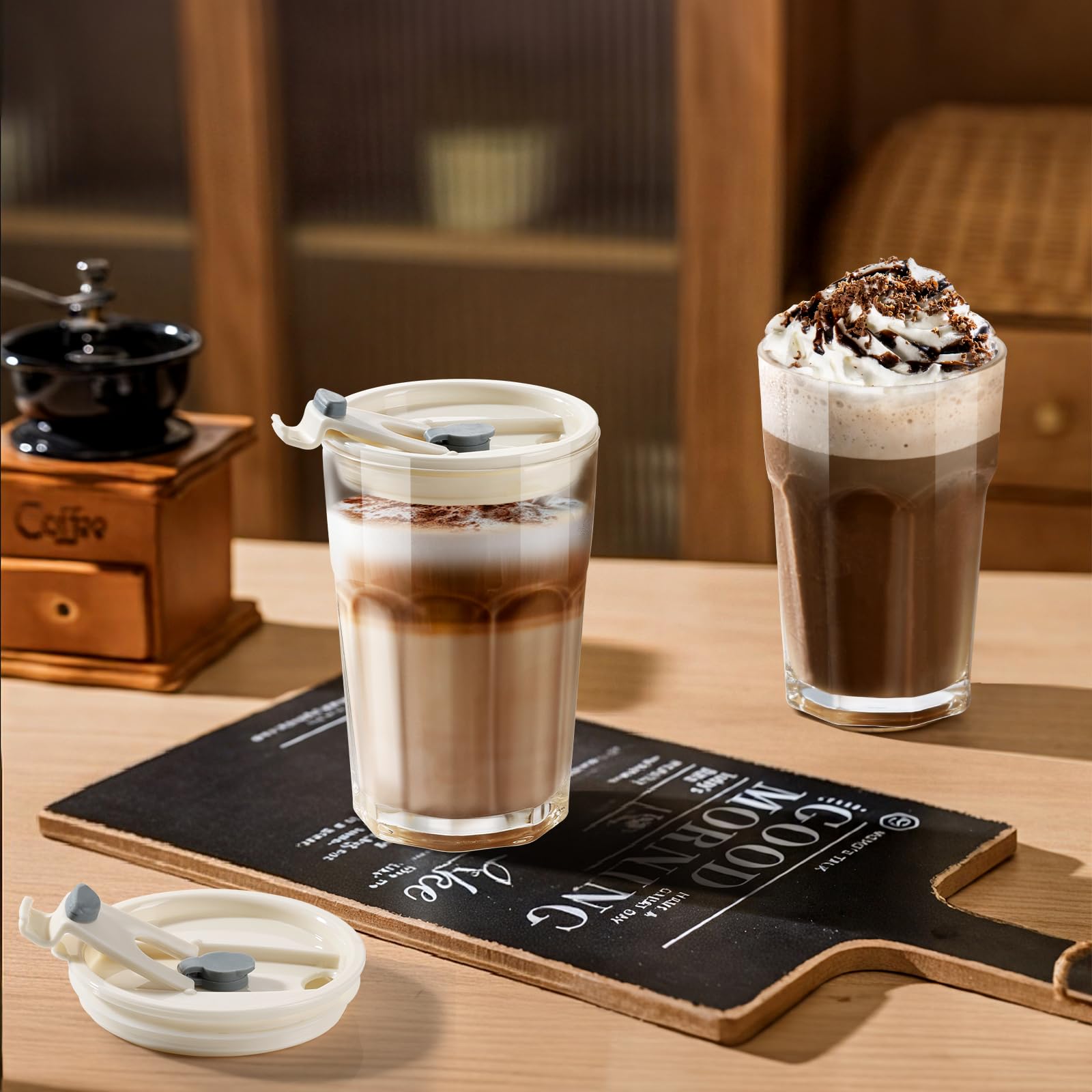 ecooe 430 ml żebrowane szklane kubki z pokrywką i słomką, 2 sztuki, szklane kubki do smoothie, mrożonej kawy, hermetyczne, wodoodporne szklanki do kawy, szklanki do picia soku matcha latte, mleka