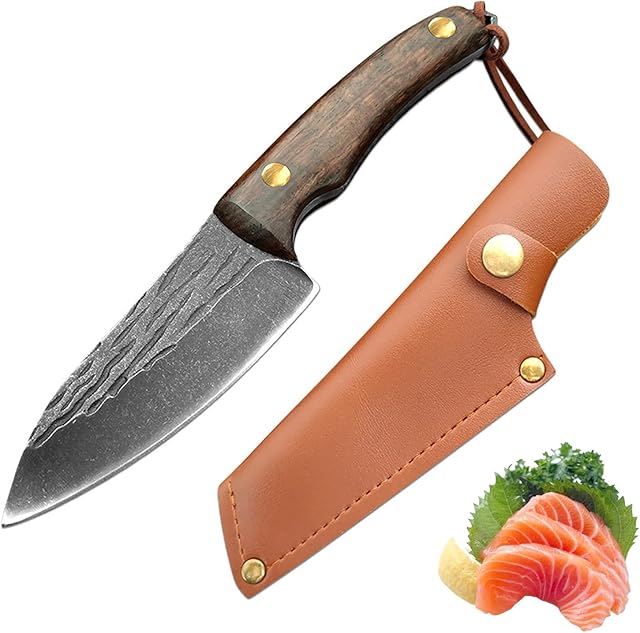 Fubinaty Chef's Knife 4 Inch BBQ Knife Handmade Forged Small Kitchen Knife High Carbon Steel Fruit Knife with Full Tang Wood Handle and Leather Sheath for Home, Restaurant