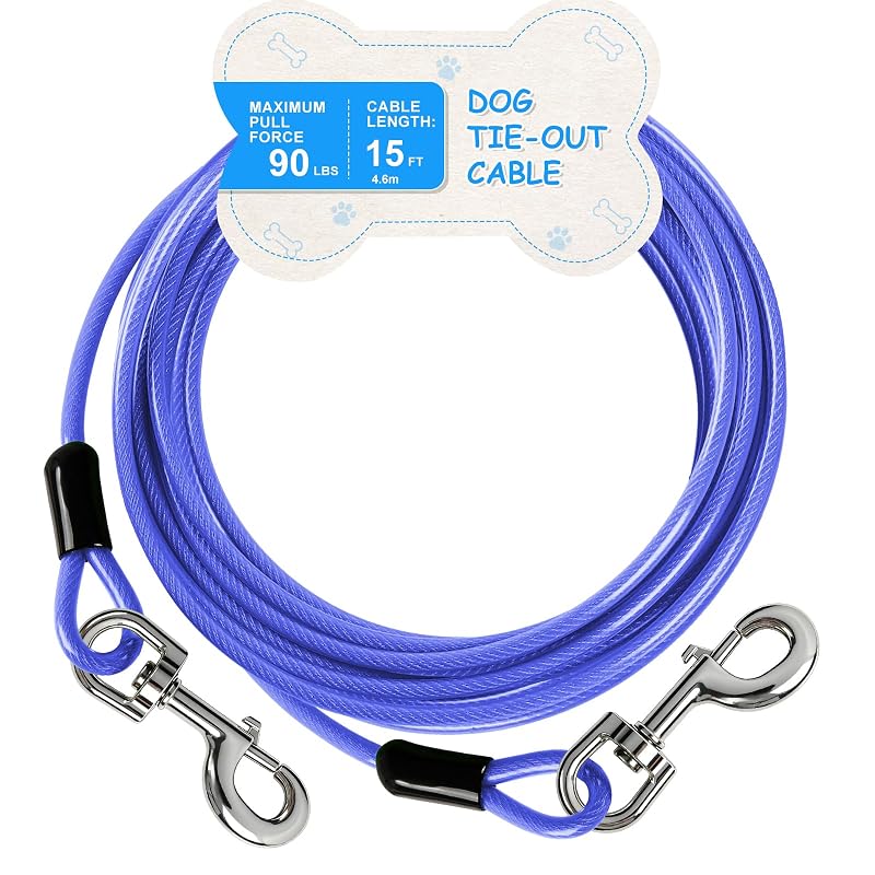 Cabo de contenção para cães em aço galvanizado com gancho giratório MooonGem, azul, 4,57 m para até 40,8 kg