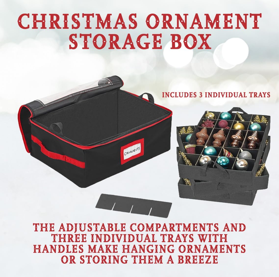 HOLDN’ STORAGE Christmas Ornament Storage Box with Dividers - Fits 72-3” Ornaments, 3 Removable Trays, Durable & Space-Saving, Clear Top Lid, Convenient Storage Designed, Black image 4