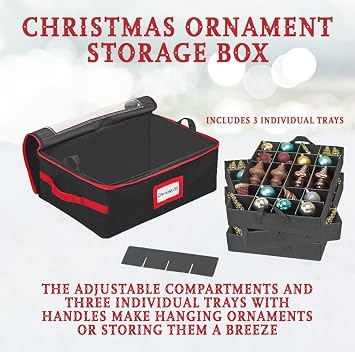HOLDN STORAGE Christmas Ornament Storage Box with Dividers - Fits 72-3 Ornaments, 3 Removable Trays, Durable & Space-Saving, Clear Top Lid, Convenient Storage Designed, Black