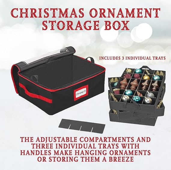 HOLDN STORAGE Christmas Ornament Storage Box with Dividers - Fits 72-3 Ornaments, 3 Removable Trays, Durable & Space-Saving, Clear Top Lid, Convenient Storage Designed, Black