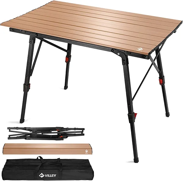 VILLEY Portable Camping Table with Adjustable Legs, Lightweight Aluminum Folding Beach Table with Carrying Bag for Outdoor Cooking, Picnic, Beach, Backyards, BBQ and Party Gold