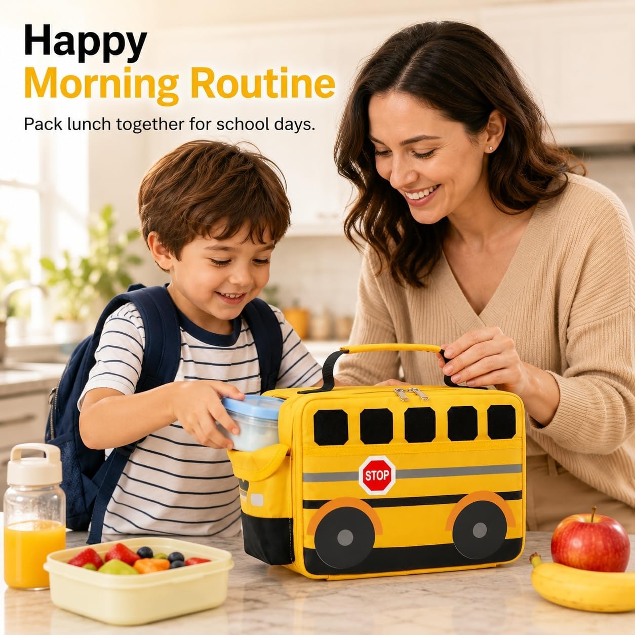 Bluboon 3D School Bus Lunch Box for Kids, Insulated Toddler Lunch Bag for Boys, Preschool, Daycare and Kindergarten, Reusable Tote with Front and Side Pockets, Yellow School bus