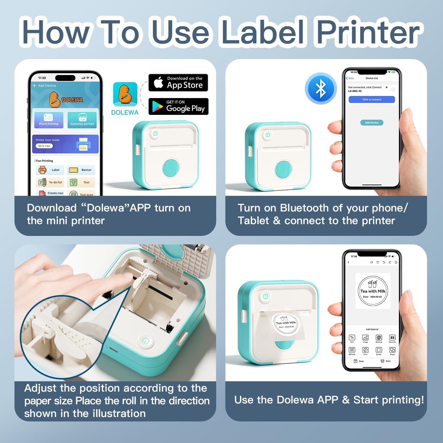 Label Maker Machine with Tape, Little Printer, Portable Thermal Printer Compatible with iOS & Android, Sticker Maker for School, Home, Office, Photos, Notes (Blue) - Image 4
