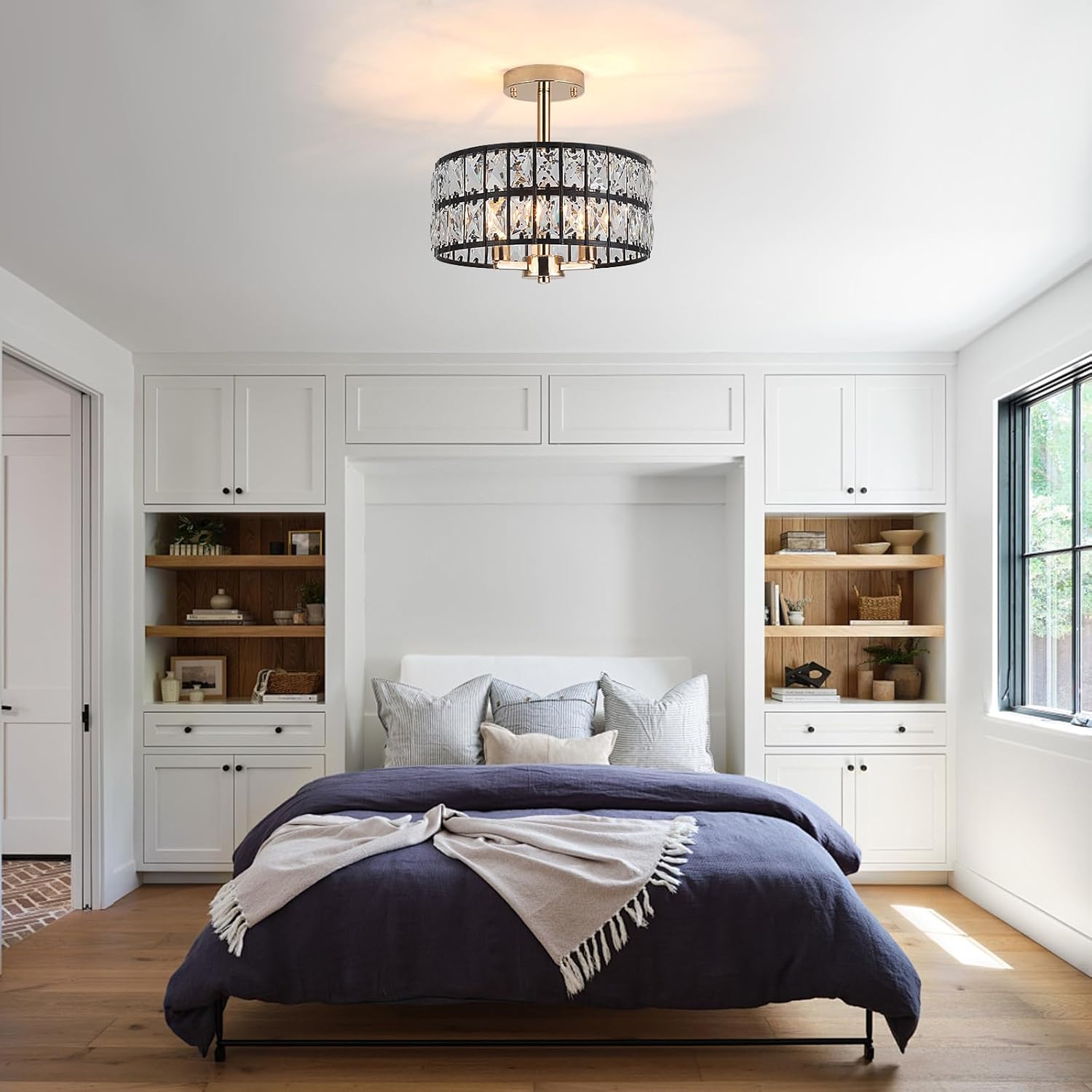 Crystal Ceiling Light Fixture, 12.6" Black and Rose Gold Semi Flush Mount Ceiling Light Fixture 3 Lights Modern Drum Round Crystal Chandeliers for Entryway Kitchen Hallway Bedroom Living Room