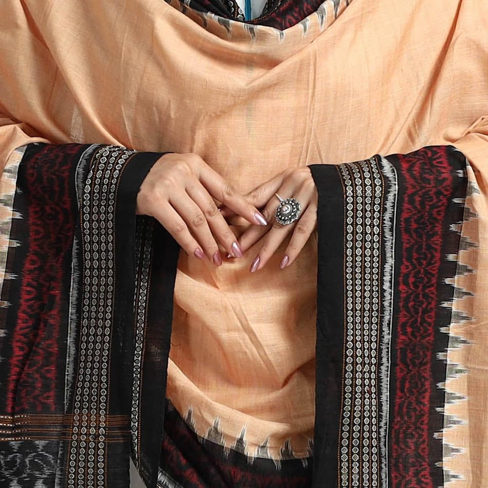 Image of Cotton Dupatta with weaving and Ikat woven border from the Weavers Stole for Girls & Women