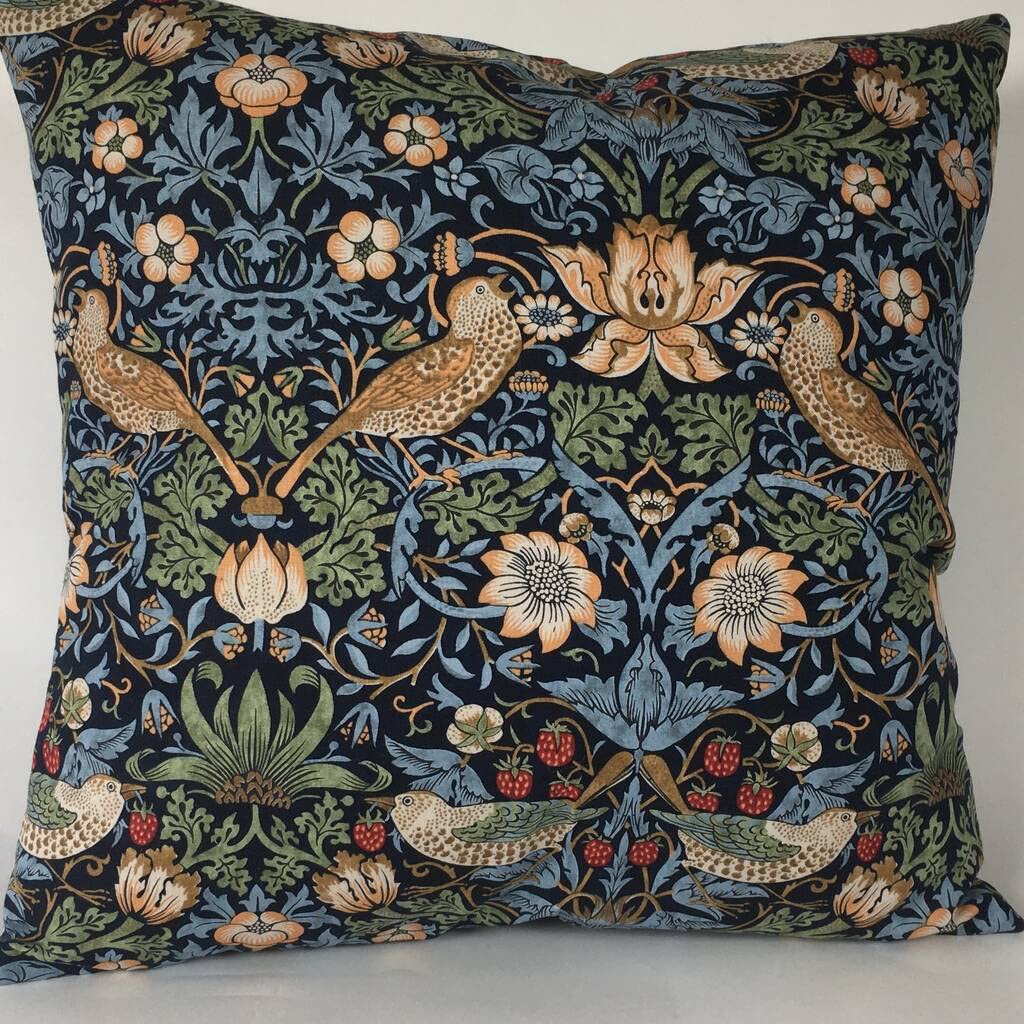 Jansons Direct Linens 100 Percent Cotton Strawberry Thief Cushion Cover in Navy Blue 45cm x 45cm William Morris Gallery