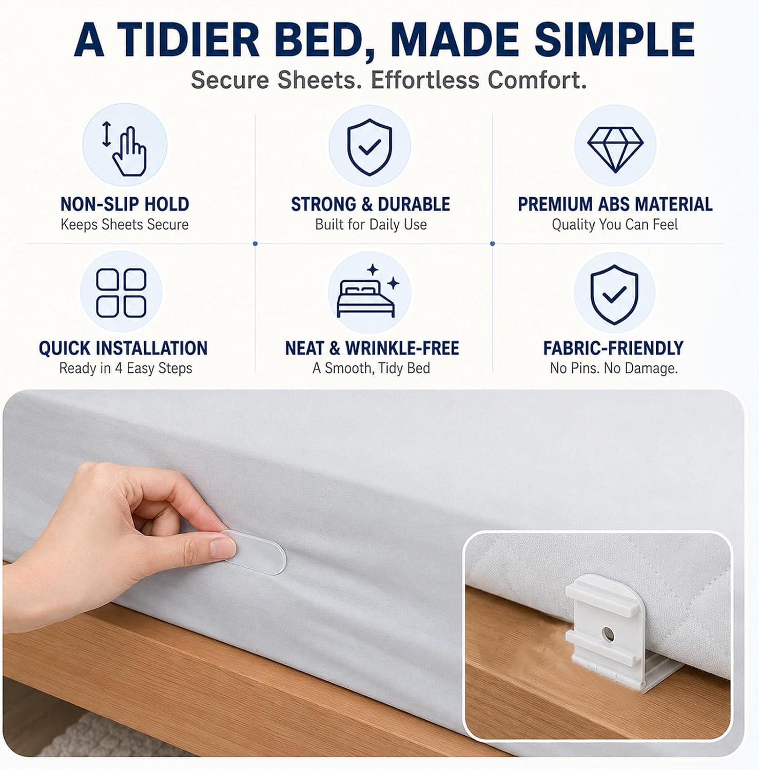 4PCS Bed Sheet Holders Grippers，Fitted Sheet Holder,Sheet Holders （White）