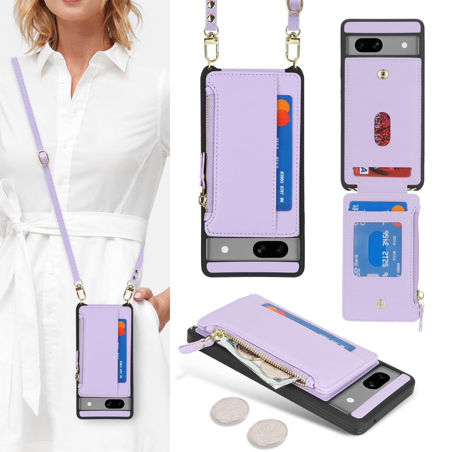 SailorTech for Google Pixel 7a Phone Case with Credit Card Holder for Women Google Pixel 7a Leather Case Wallet Crossbody with Card Slots Zipper Shockproof Case for Men-Purple