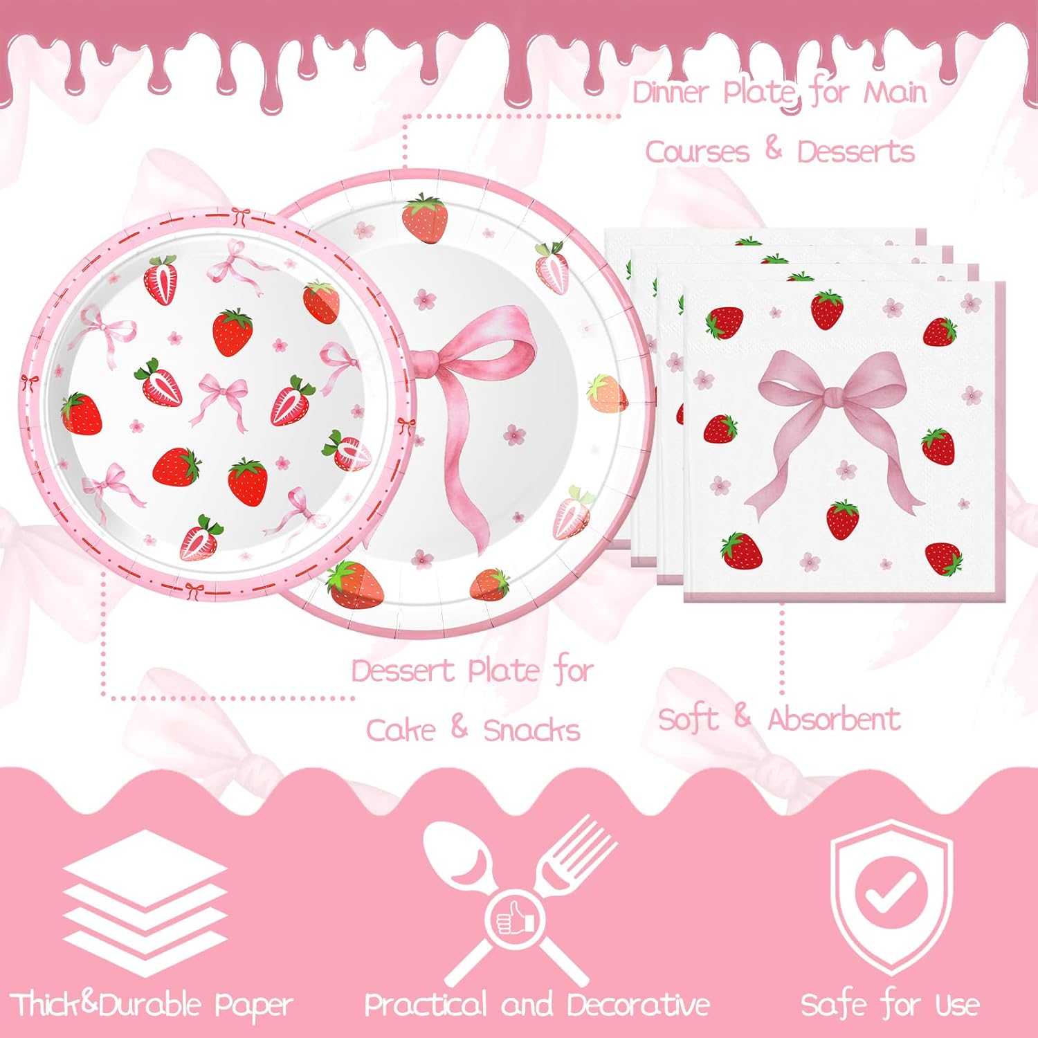 LemonRoad 180 Pcs Strawberry Plates and Napkins Set Strawberry Pink Bow Party Supplies Serves 30 Bow Berry Tableware Kit Disposable Cups Straws Cutlery for Birthday Decorations(Classic)