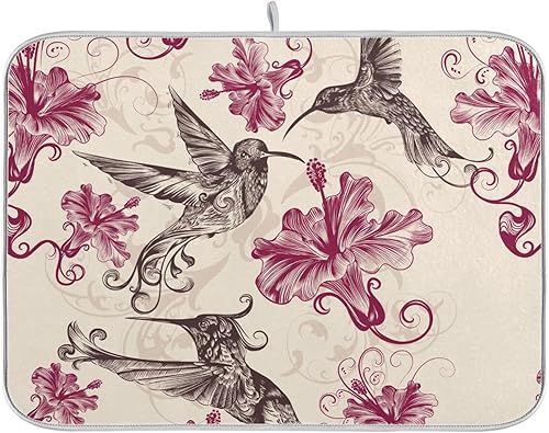 Tapete de secado de platos de flores de colibríes, tapete de café, resistente al calor, tapete absorbente de secado mate para encimera de cocina