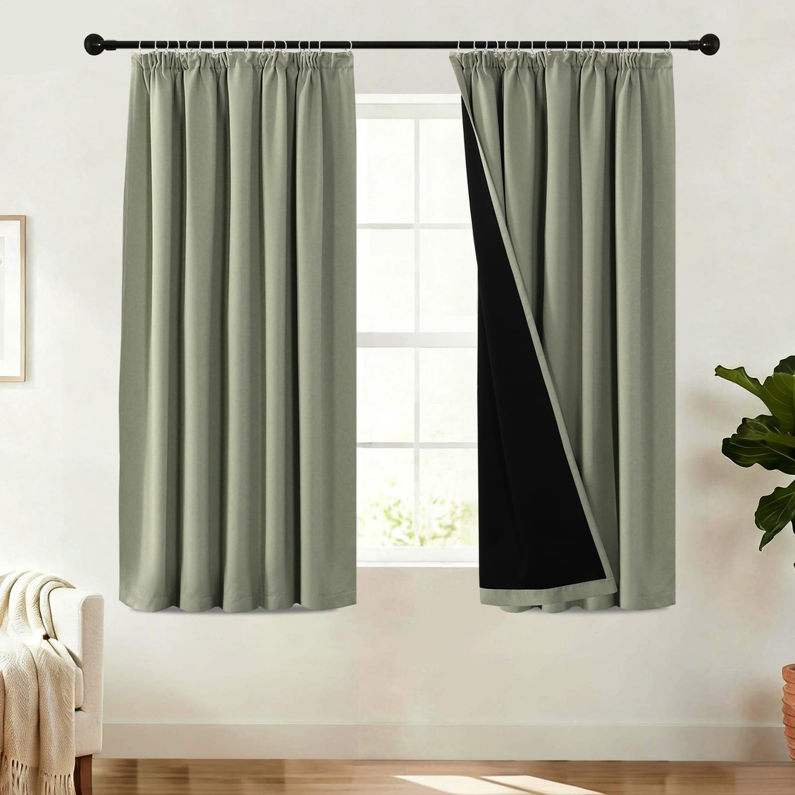 BellaHills 100% Blackout Curtains for Bedroom Thermal Insulated Curtains & Drapes for Living Room Short Window Curtain Pencil Pleat Back Tab Rod Pocket 2 Panels, W66 X L54, Light Sage