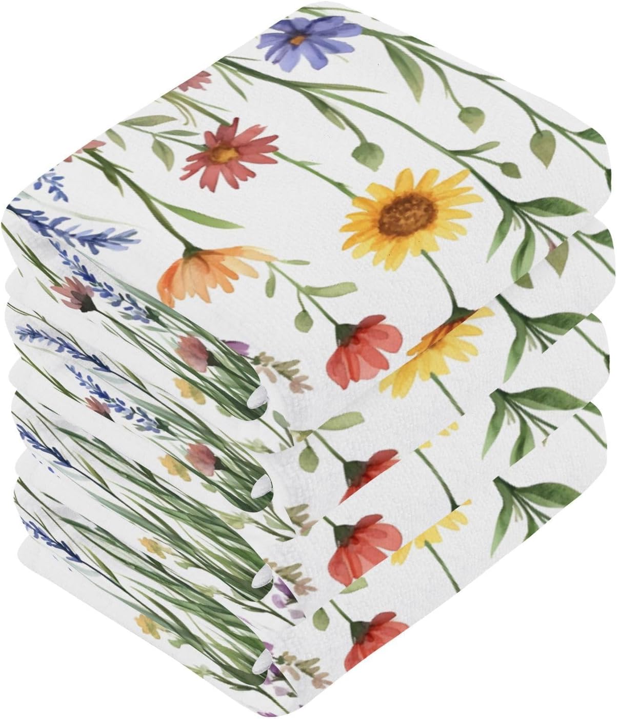 6-Pack Spring Wildflowers Washcloths for Bathroom, 12x12in Cotton Wash Cloths Soft Absorbent Face Cloths Towel for Your Face Body