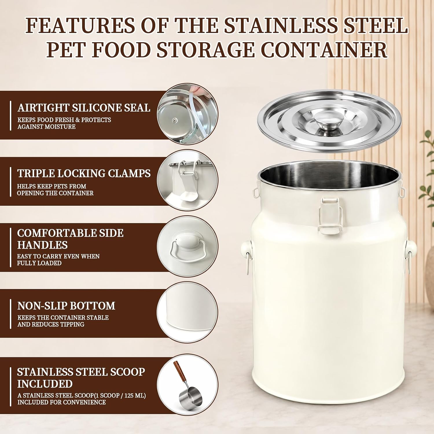 Stainless Steel Dog Food Storage Container 10 lb, Painted Bin with Locking Buckle Lid, Carry Handle, Scoop and Load-Bearing Bottom, Compact Size image 3