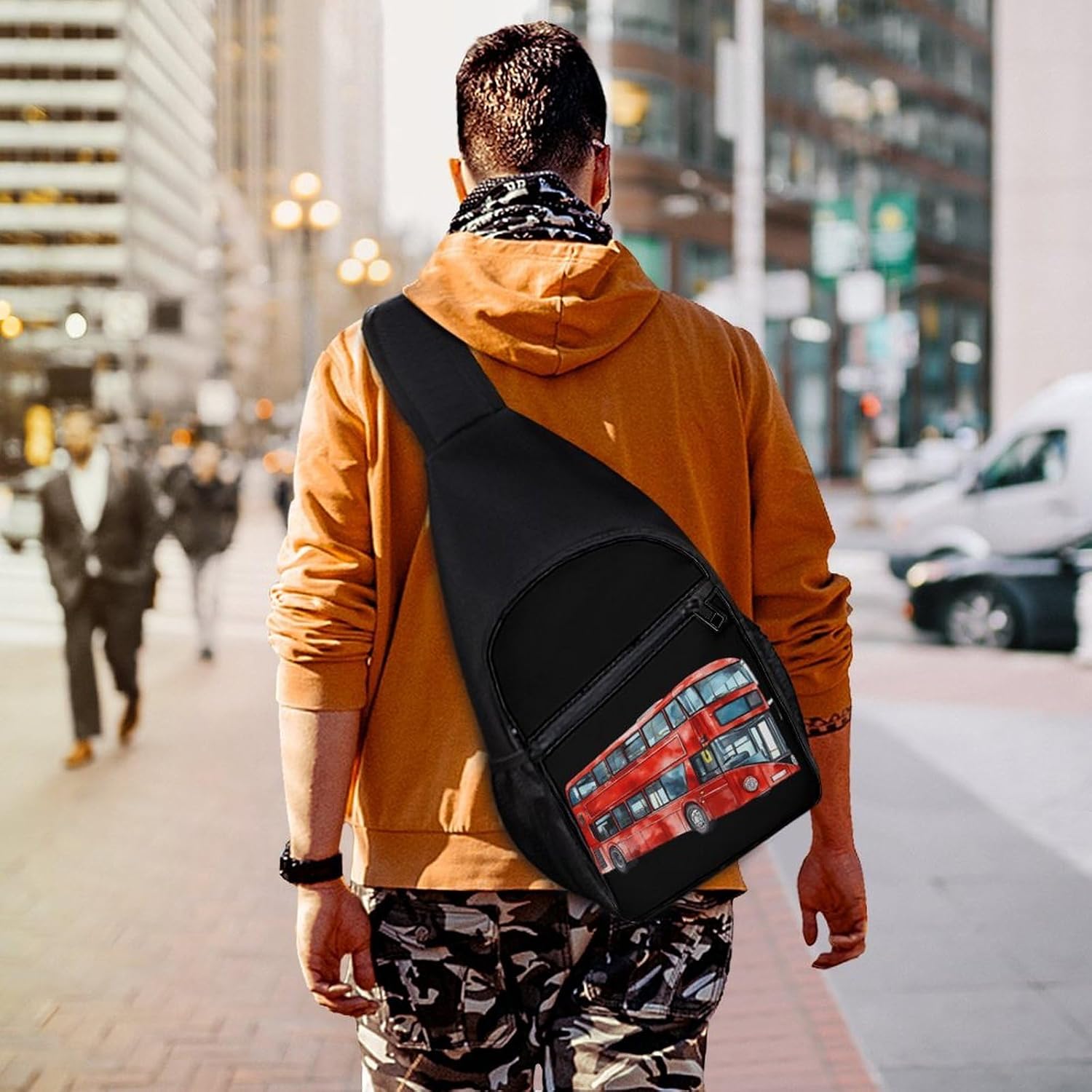 Watercolor London Bus Crossbody Sling Backpack Chest Bag Daypack | unisex,trendy,with convertible and detachable shoulder strap,side pockets