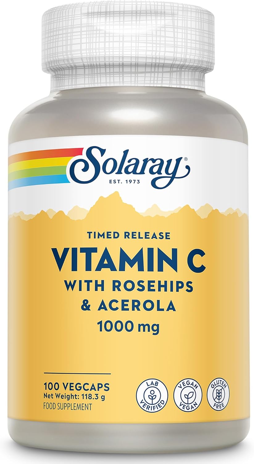 Solaray Vitamin C 1000mg Time Release – 100 Premium Vegan Capsules | 3+ Month Supply with Acerola & Rosehip | High Strength, Gentle Absorption for Immune Defence, Energy & Collagen Support