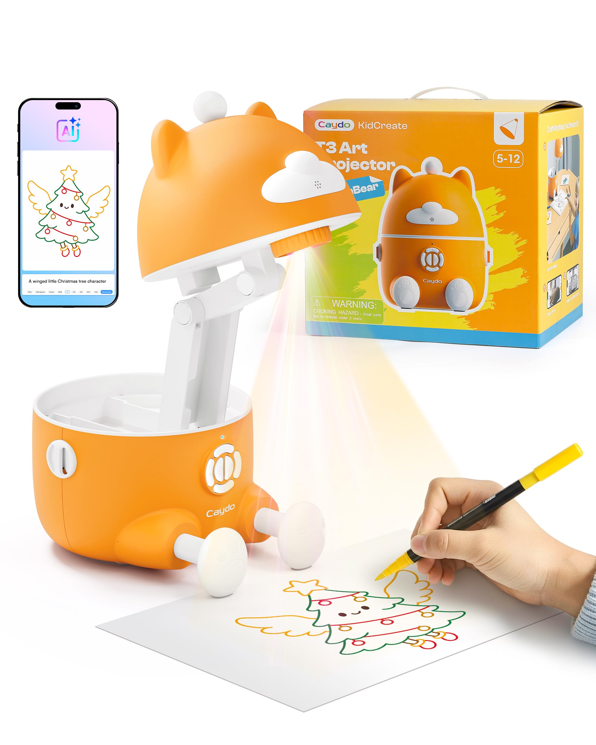Caydo T3 proiettore disegno AI per bambini, SGS occhi sicuri | 5 attività di disegno, studio creativo AI, proiettore nativo 720P WiFi/Bluetooth, proiezione parete/tavolo