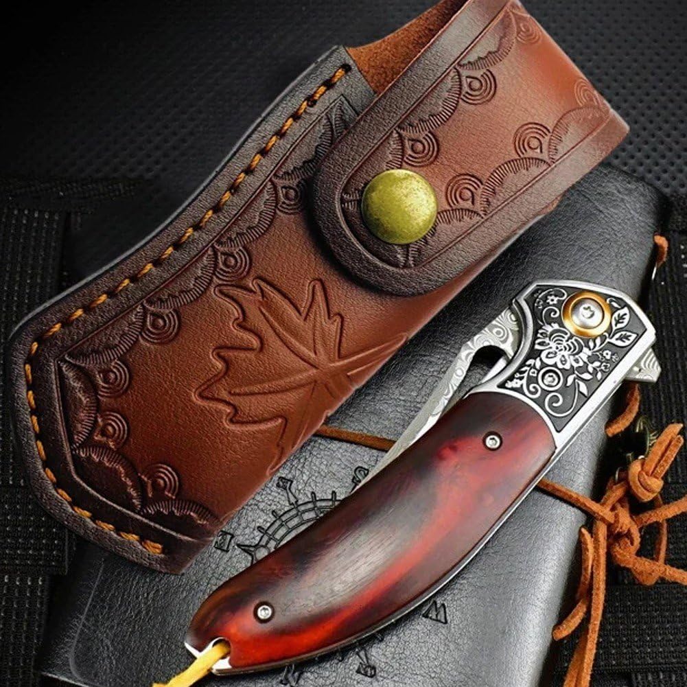 Rustic Leather Folding Knife Pouch Clip on Pocket Tool Holder with Snap Closure Fold Knife Scabbard Tool Flashlight Belt Loop Case