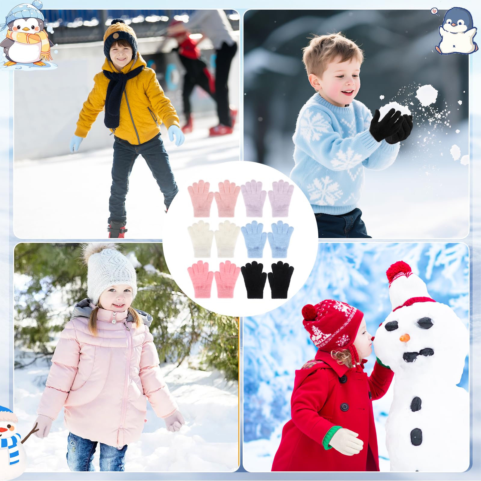 QKURT 6 Pares de Guantes Cálidos de Invierno para Niños, Guantes Infantiles de Colores Lisos con Dedos Completos, Guantes Elásticos de Invierno para Niños y Niñas de 4 a 10 años