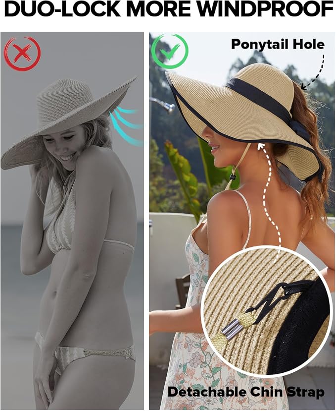 Sombrero de playa beige para mujer con ala ancha y orificio para coleta miniatura 5