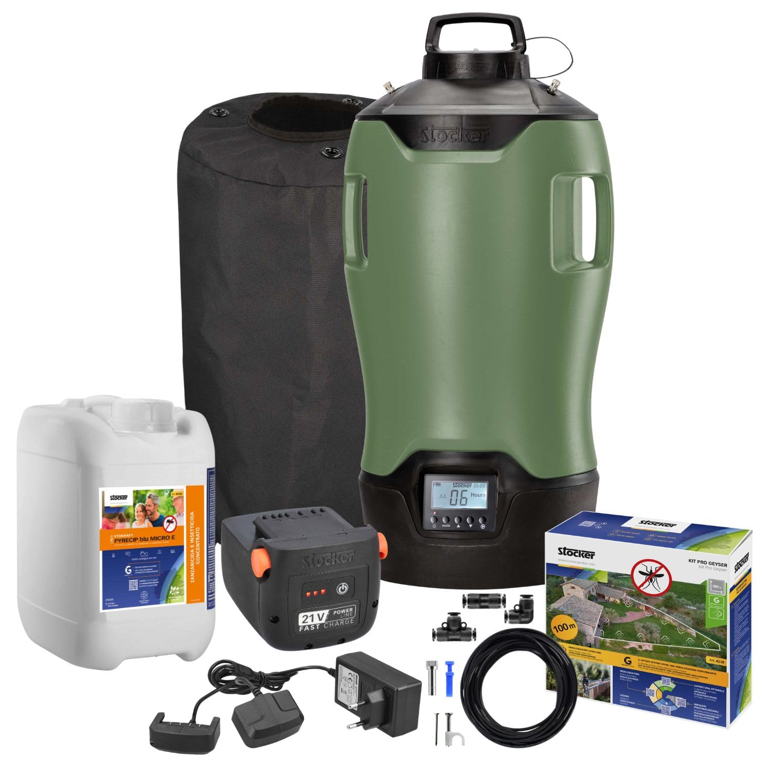STOCKER - Geyser Nebulizzatore 25 L MI 21 V - Kit Completo Anti-Zanzare con Batteria Li-Ion 21V, Serbatoio 25L e 100 m di Tubo - Copertura fino a 400 mq - Sistema di Miscelazione Interna