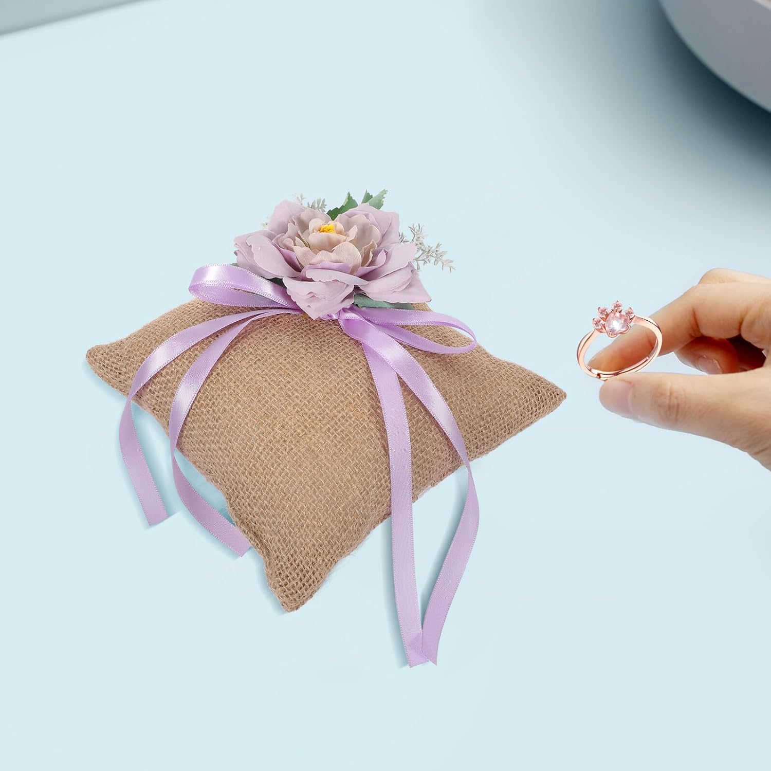 MAGICLULU Rustic Burlap Wedding Ring Cushion Pillow with Artificial Flowers, Proposal Ring Bearer Pillow for Ceremony and Party Decorations, Light Purple Vintage Style