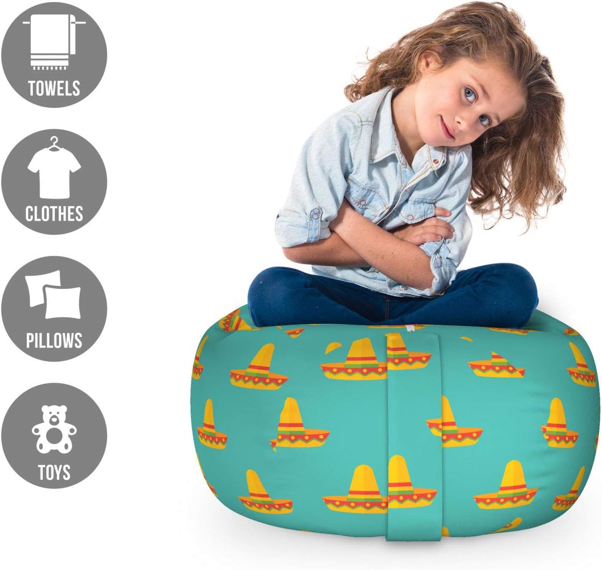 Ambesonne Ethnic Storage Toy Bag Chair, Repetitive Mexican Sombrero Hats Cultural Symbolic Party Time Elements, Stuffed Animal Organizer Washable Bag, Small Size, Dark Seafoam and Orange