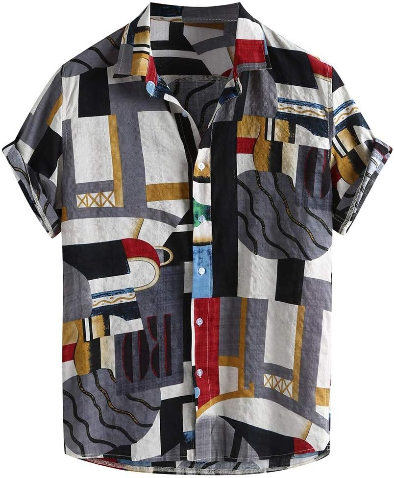 Starryflashing_Men T-shirt and CoatMen Fashion Short Sleeve Shirt Tops, Male Color Patchwork Printed Blouse Tunic Tops Summer Loose Buttons Casual Sweatshirt Tops