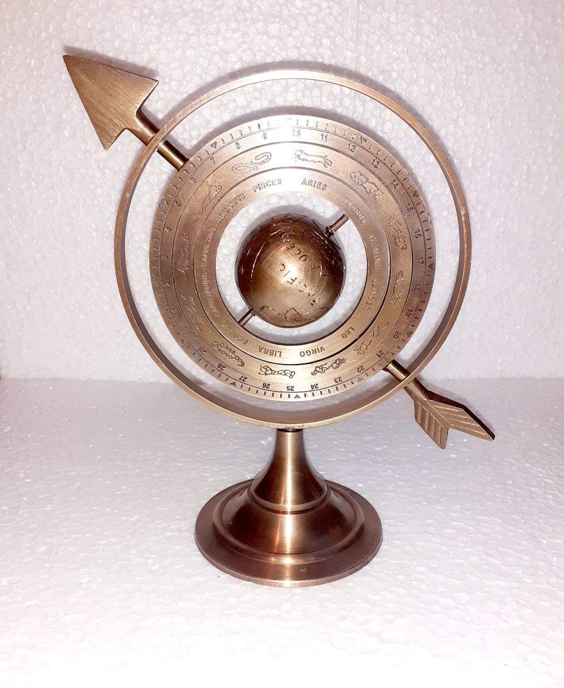 Brown Antique 8" Antique Brass Armillary Sphere with Sundial Arrow Nautical Maritime Astrolabe Engraved Astrological Star Signs Globe Home Décor Vintage Collectible Gifts