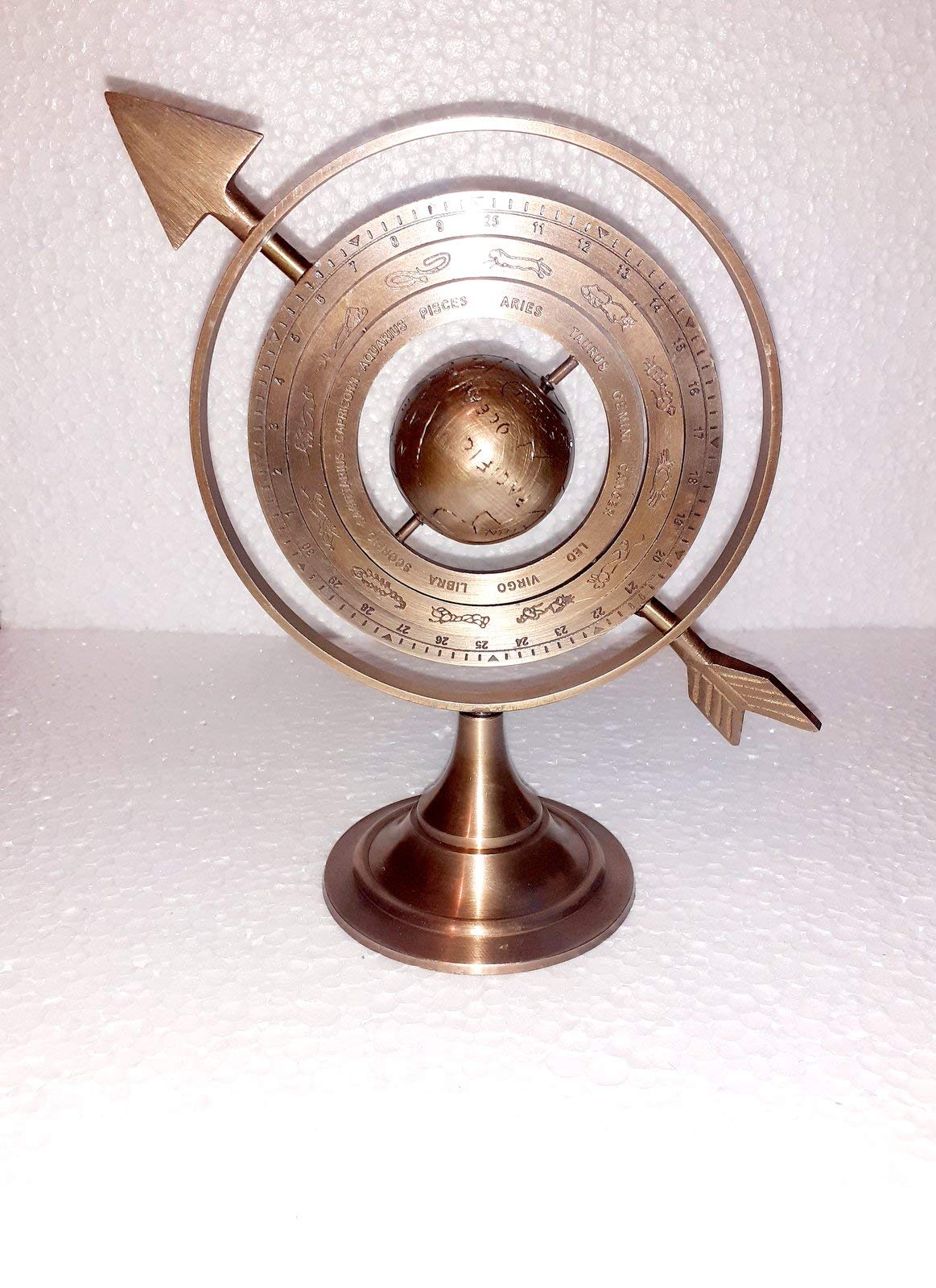 Esfera armilar de latón antiguo marrón antiguo de 8 pulgadas con flecha de reloj de sol, astrolabio marítimo náutico, grabado, astrológico, estrellas, globo, decoración del hogar,
